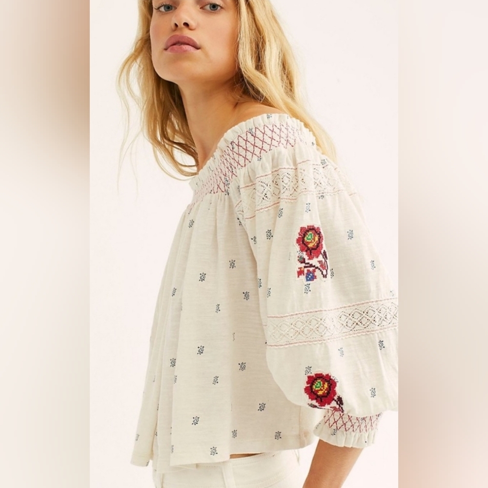 Free People Le Petite Embroidered Prairie Top Size Large - Picture 2 of 8